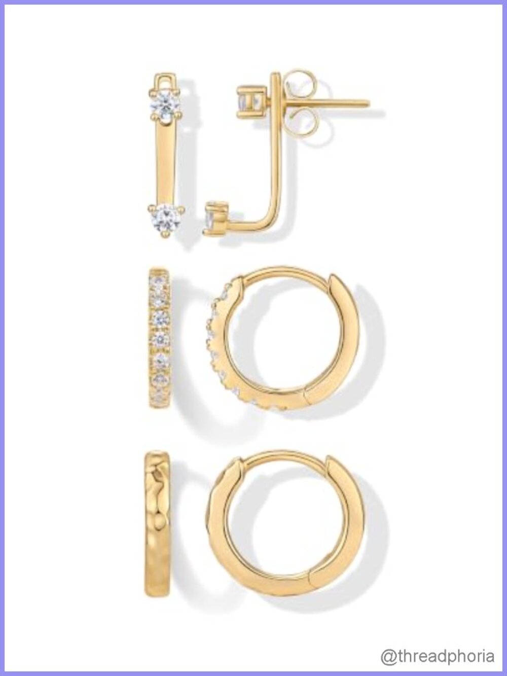 14K Gold Plated Huggie Hoop Earring Set of 3 Cubic Zirconia Stackable